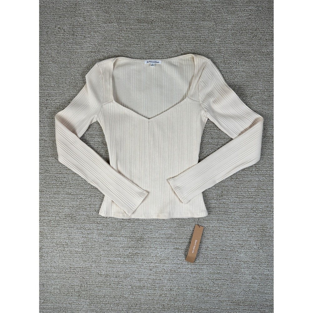 Reformation Cream Ribbed Long Sleeve Sweetheart Neck Top Small NWT